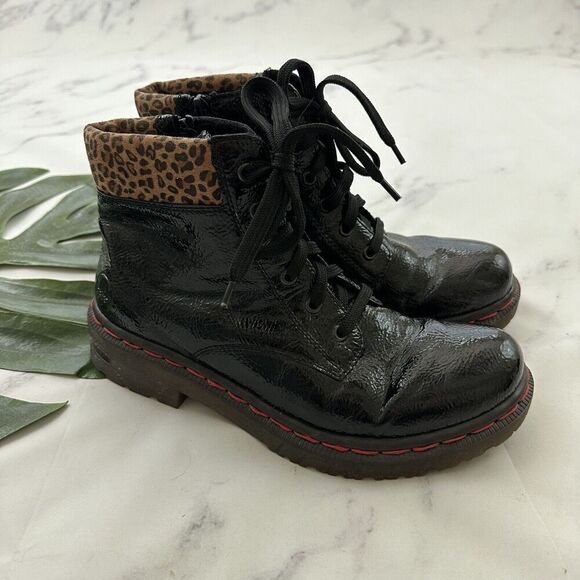 Rieker Womens Lace Up Boots Size 41 Faux Patent Leather Chunky Combat Leopard - Picture 1 of 9